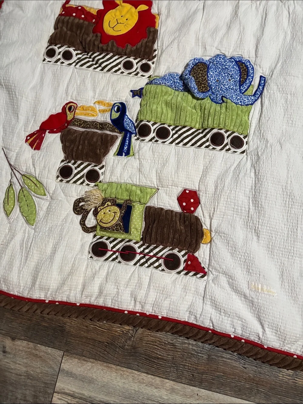 Neutral Cotton Baby Quilt in White and Brown with Red Accent #007